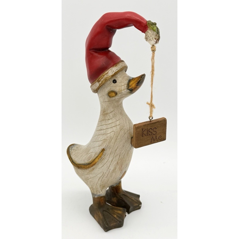 Folk Art Resin Wood Grain Christmas White Duck Kiss Me Sign 8" 2007 C9578 EUC